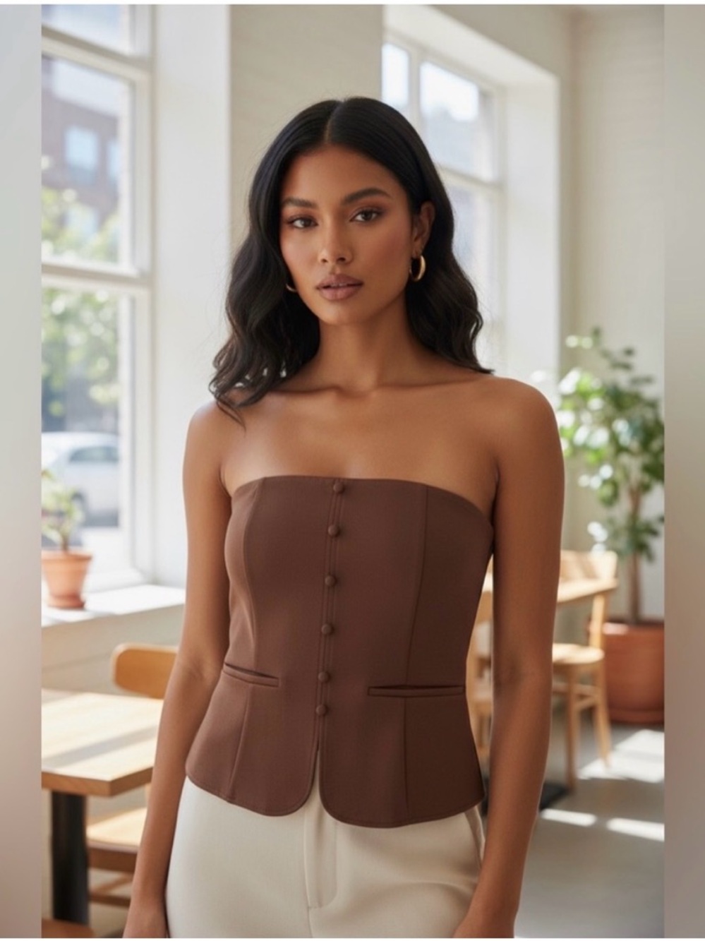 Emerson Lang Strapless Brown Top